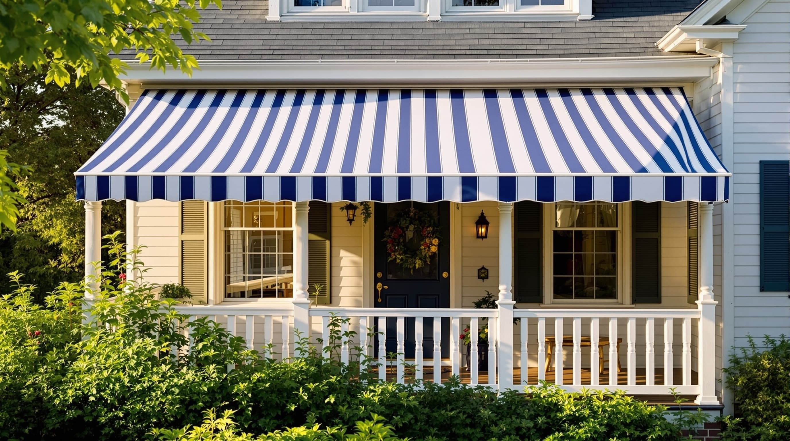Canvas awning Sunbrella stripes Long Island