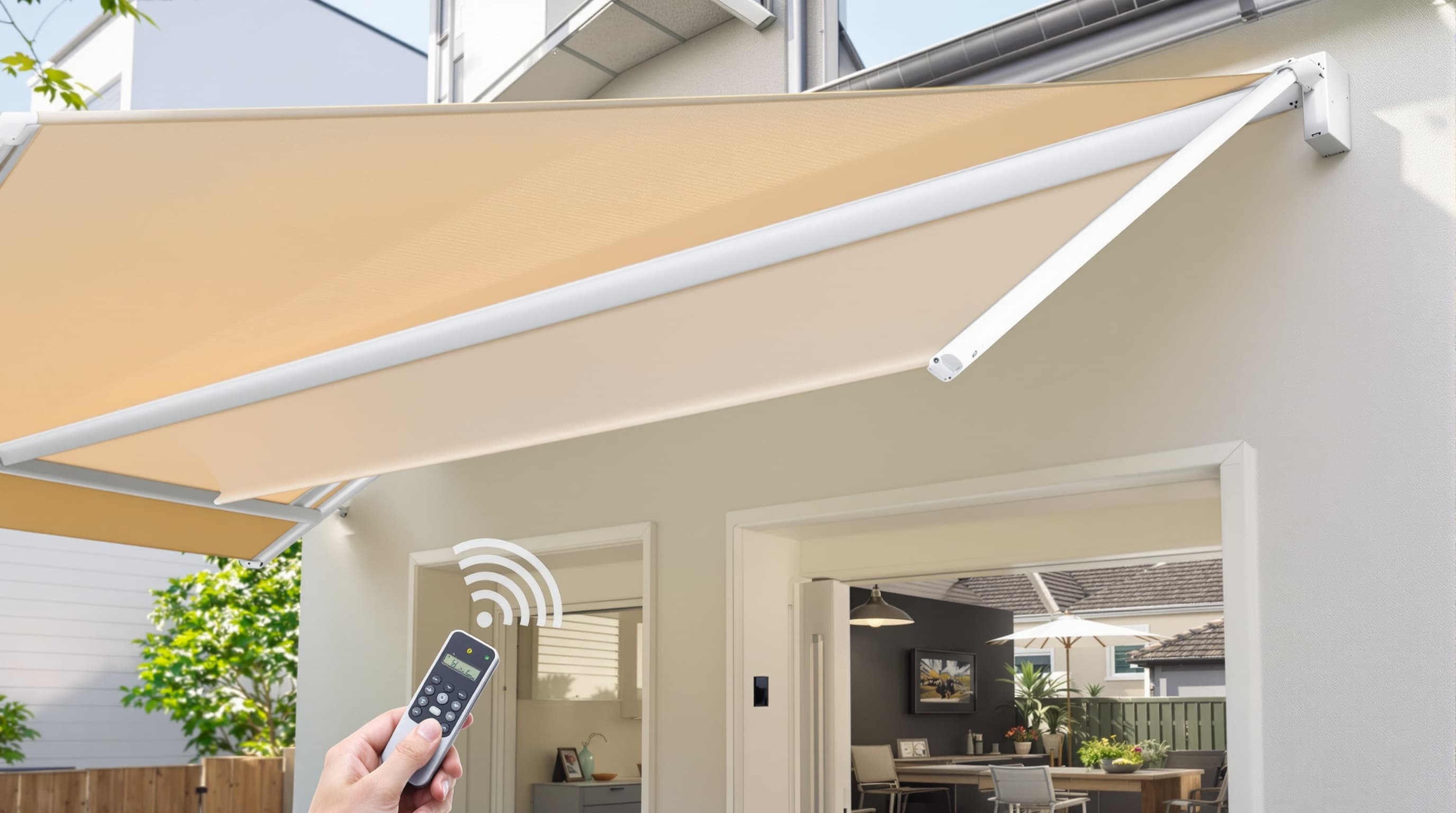 Motorized awning with wind sensor